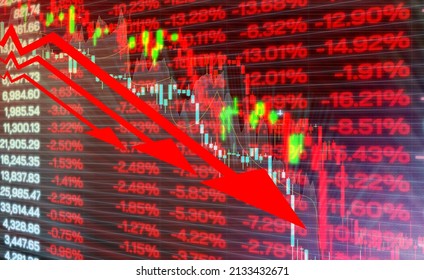 Red Stock Market Price Showing Trader Phobia Of Crisis War And Inflation,trading Graph Analysis Investment Of Financial Board Display Bad Economy And Negative Stock Situation.