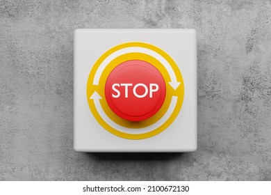 Red stop or panic push button on concrete wall background, emergency, security or safety concept, 3D illustration
