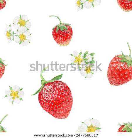 Red strawberry seamless pattern. Hand drawn watercolor ornament. Delicious food art, fresh botanical realistic painting. Summer berry background for menu, packaging, prints, textile