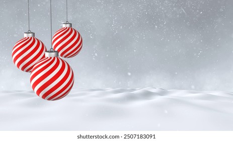 Red striped christmas baubles ornament decoration swinging on the string on a winter landscape with snowfall effect copy space illustration background.	
 - Powered by Shutterstock