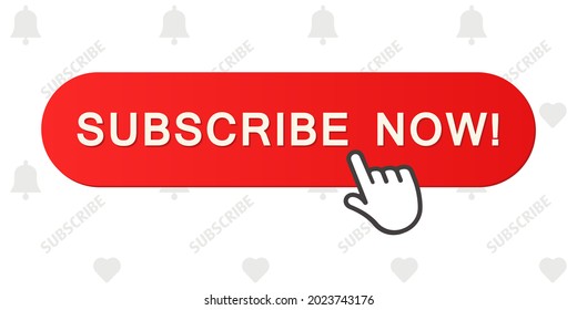 Red SUBSCRIBE NOW button with a pressing index finger of the hand, located on a background with the inscriptions SUBSCRIBE, bells and hearts. Illustration.