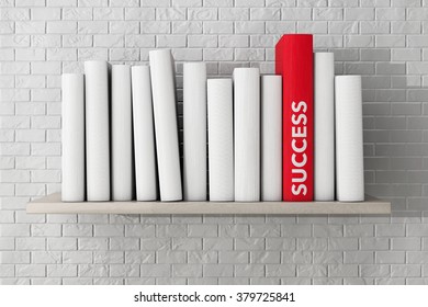 Red Success Book On A Shelf With Another Blank Books In Front Of Brick Wall