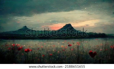 Red sunset mountain landscape, anime, manga style. Digital painting, of a dawn, dusk scenery with clouds, grass and hills. Red and green colors. Romantic, sad 4K wallpaper, background, cartoon drawing