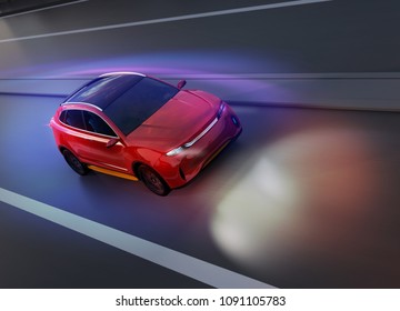 Red SUV Driving On The Road With Graphic Mesh Pattern Retouched. Night Traffic.  3D Rendering Image.