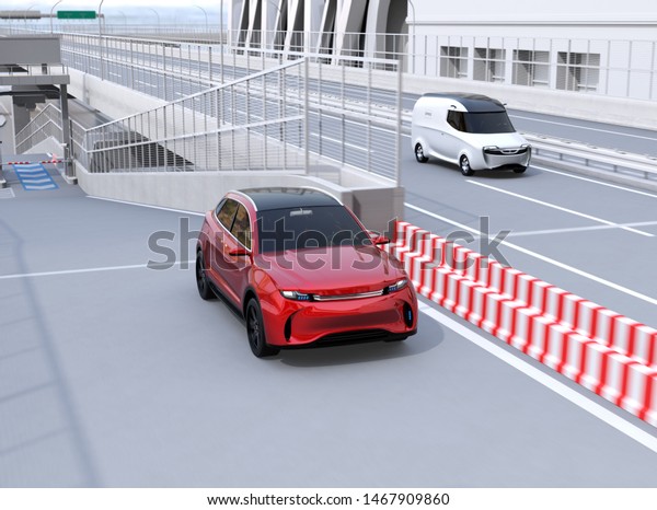 Red SUV entered highway toll gate  and\
driving into main lane. 3D rendering\
image.