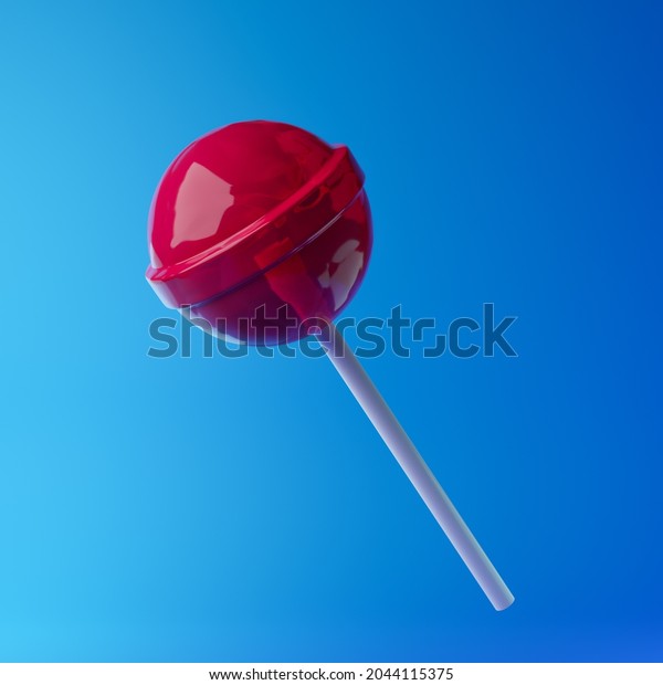 Red sweet lollipop isolated over blue\
background. Round candy on stick. 3D\
rendering.