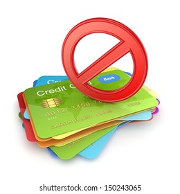 Red Symbol Of Ban On Colorful Credit Cards.Isolated On White.3d Rendered.