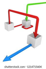 Red Symbolic Arrow Box Route Indirect, 3d Illustration, Horizontal, Over White, Isolated