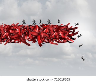 Red Tape Risk As A Bureaucratic Problem As Employees Running  And Falling In Bureaucracy And Regulations As A Business Concept And Symbol Of Government Gridlock Distress With 3D Illustration Elements.