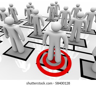 A red target centers on one employee in an organizational chart