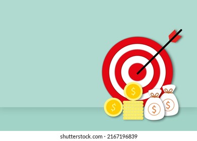 Red Target With Coins And Money Bag On Pastel Green Background. Concept Of Achieving Financial Goals, Aim To Winner Goal Of Business. Shadow Overlay. Copy Space. Illustration Paper Cut Design Style.