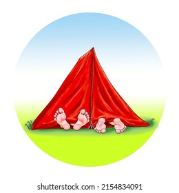 A red tent on a circular background as a logo or sign for a campground or camping. the bare feet of children or a sleeping couple peer out of the tent opening in the morning light. Overnight outside.