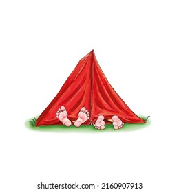 A red tent with two pairs of barefoot feet looking out. A couple in love or children resting at camping and sleeping in tent. A symbol or sign for outdoor activities.