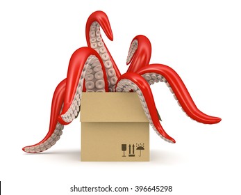 red tentacles in a cardboard box isolated on white background 