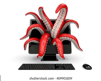 Red Tentacles Getting Out Of The Computer Monitor 3D Rendering