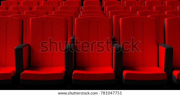 Red theater chairs background, front view.\
3d illustration
