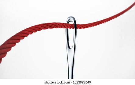 Red Thread And A Needle Isolated On White With Clipping Path. 3d Rendering