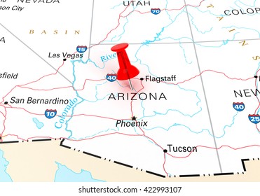Red Thumbtack Over Arizona State USA Map. 3D rendering