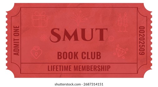 Red ticket design with reading theme for book club membership events concept of libraries, bookstores.