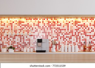 Red Tile Kitchen Countertop With Wine Bottles, A Coffee Machine, A Row Of Cups Hanging On The Tiled Wall. 3d Rendering Mock Up