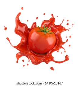 Red Tomato With Juice Or Ketchup Splash Isolated On White Background,3d Rendering.