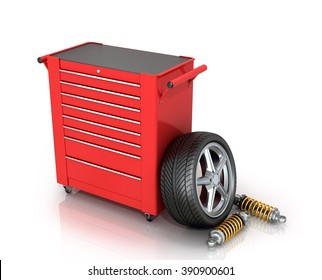 Red Tool Box Of Car Parts Isolated White Background.