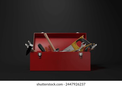 Red toolbox with tools on dark background. 3D Illustration - Powered by Shutterstock