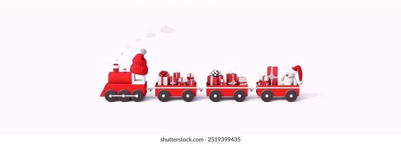 Red train pulls red wagons filled with Christmas gifts on white background 3D Render 3D illustration