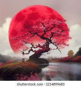 Red Tree Red Moon Sakura Side By The Lake