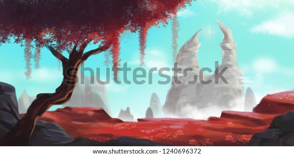 赤い木と白い山 小説の背景 コンセプトアート リアルイラスト ビデオゲームデジタルcgアートワーク 自然の風景 のイラスト素材