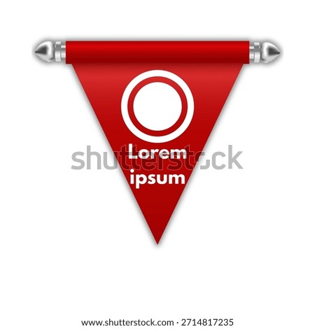 Red triangular pennant banner template with a white circular icon and 'Lorem ipsum' dummy text. Vector graphic featuring a glossy flag and elegant metallic holding rod.
