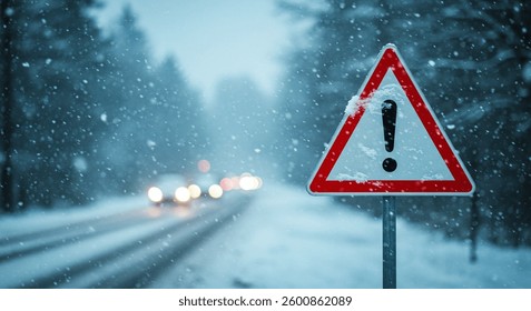 A red triangular warning sign with an exclamation mark stands in snowy conditions. Blurry car headlights are visible in the background. Icy roads ahead!