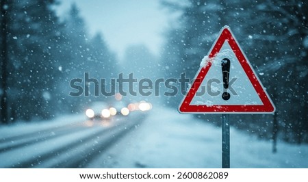 A red triangular warning sign with an exclamation mark stands in snowy conditions. Blurry car headlights are visible in the background. Icy roads ahead!