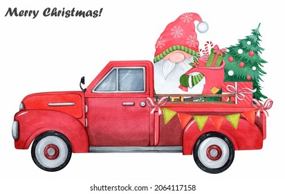 Red truck and Christmas gnome white background  Watercolor illustration  Cute gnome  gifts  Christmas tree 