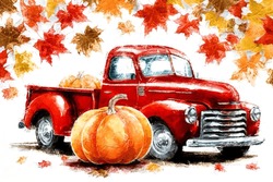The Red Truck And Pumpkin. Thanksgiving Day. Autumn Season Still Life. Orange Colors. Good For Post Or Greeting Card. Watercolor Painting. Acrylic Drawing Art. .