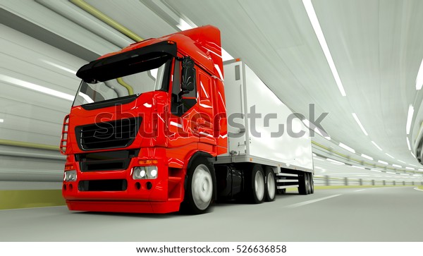 red truckin\
a tunnel. fast driving. 3d\
rendering.