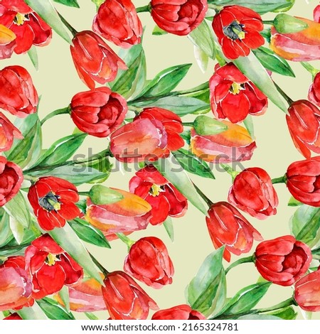 Red tulips seamless pattern.Image on a white and colored background.