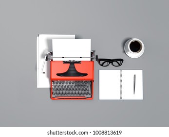 Red typewriter, blank sheets and glasses isolated on gray background. 3d rendering