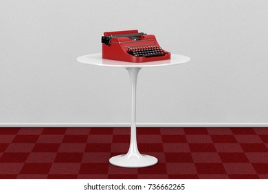Red Typewriter over White Round Table in Room with Red Carpet Floor and White Wall extreme closeup. 3d Rendering