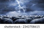 Red umbrella over black umbrellas in heavy weather with lightning - 3D illustration