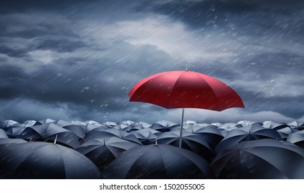 Red umbrella over black umbrellas in heavy weather - 3D illustration
