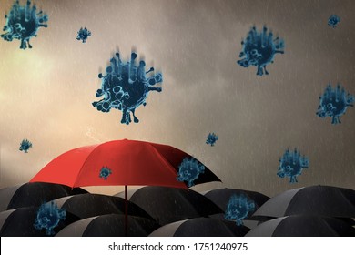 Red Umbrella With Storm,sky Background And Rain With Black Cloud,virus Outbreak Epidemic Coronavirus Or Covid 19,in Rainy Season,concept Saving Planning,insurance,health Care And Medical ,3d Render