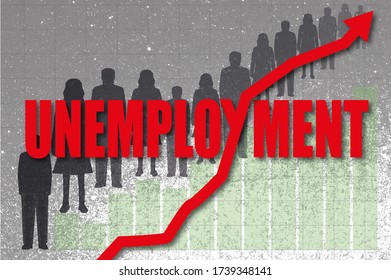 Red Unemployment Word With Line Chart Intersecting And Silhouettes Of Unemployed People 