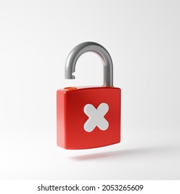 Red Unlocked Padlock Icon With White Cancel Cross Symbol Isolated Over White Background. Security Concept. 3D Rendering.