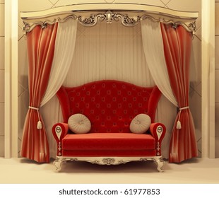 Red Velvet Curtain And Royal Sofa