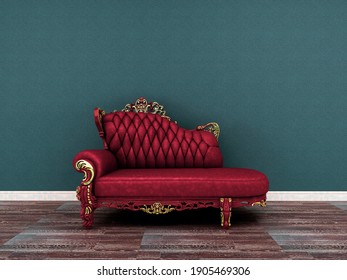 Red Victorian style sofa backdrop, photorealistic 3D Illustration of the interior, suitable for using in photo manipulations as a background.	
