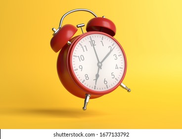Red vintage alarm clock falling on the floor with bright yellow background in pastel colors. Minimal creative concept. 3d rendering illustration