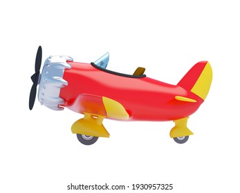 Red vintage cartoon aircraft, side view, isolated on white. 3d illustration