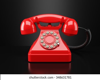 Red Vintage Phone On Black Background. Hotline Concept 3d