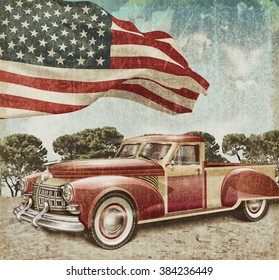 Red Vintage Pick Up Truck With American Flag.